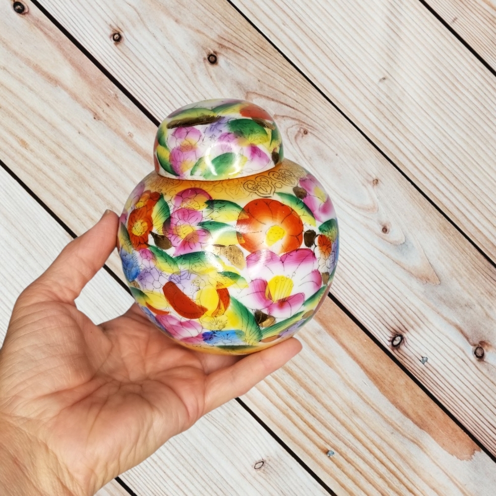 Vintage Mini Ginger Jar & Lid Vibrant Floral Gold